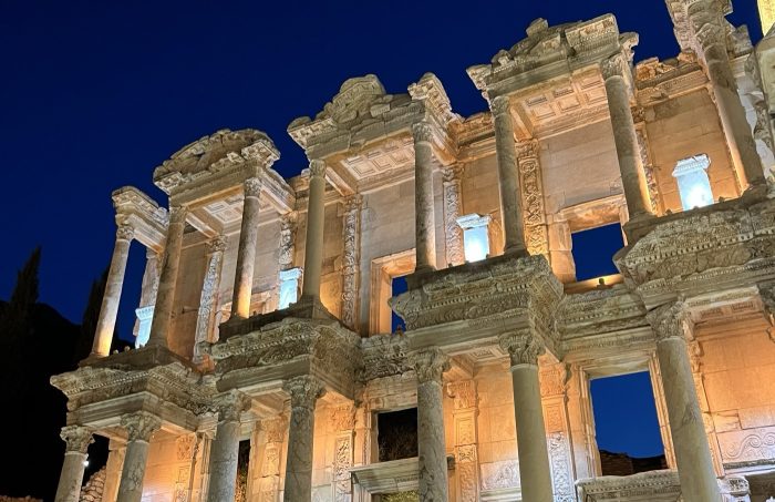 The Library of Celsus at Ephesus, lit at night